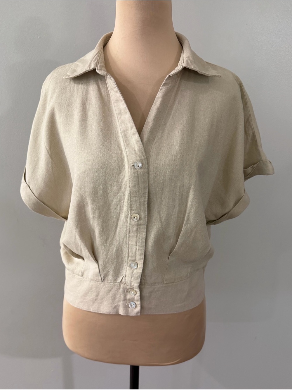 Marc New York Short-Sleeve Button Front Top in Light Beige